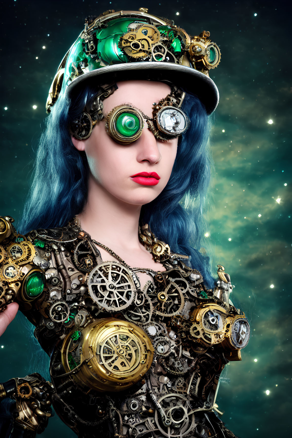 Steampunk-themed woman with blue hair and gears against starry background