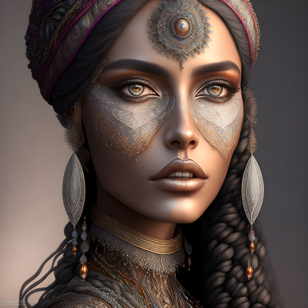 Intricate tribal makeup and colorful headdress on digital portrait