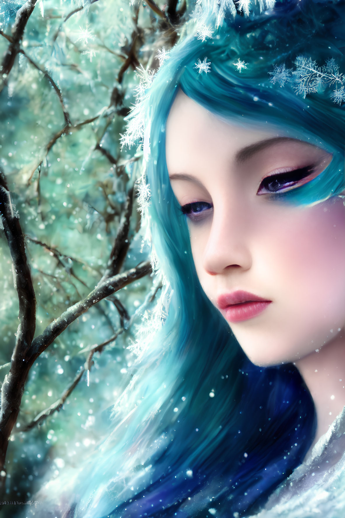 Digital artwork of woman with blue hair in snowy backdrop, face decorated with snowflakes