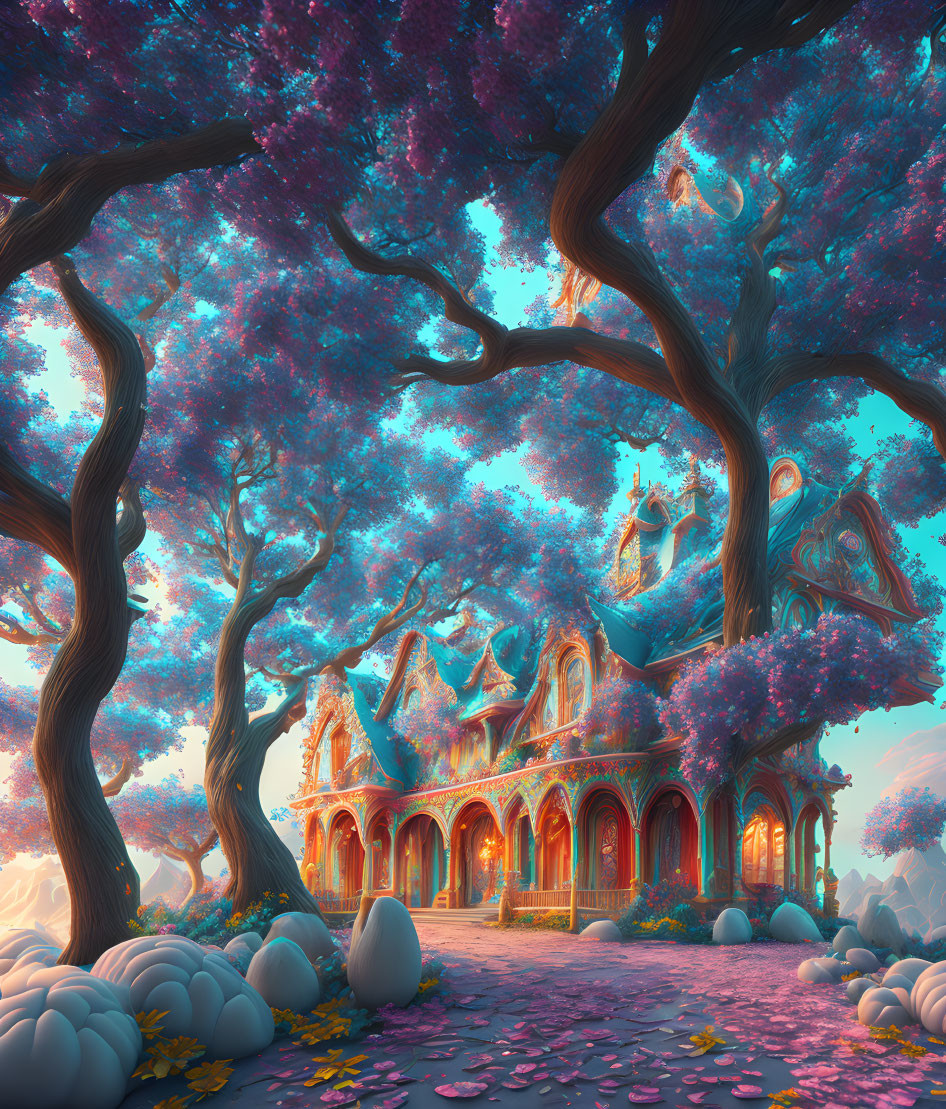 Fantastical landscape with purple foliage trees and red-roofed castle