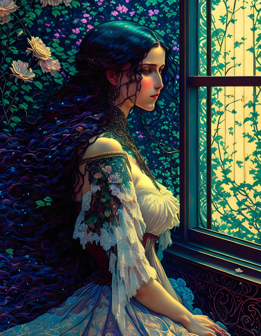 Dark-haired woman sits by flower-adorned window, illuminated by soft light.