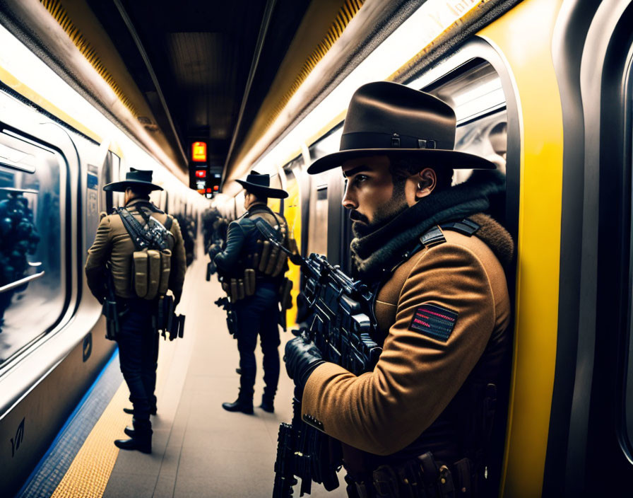 Individuals in military-style gear with arm patches in subway car, one holding weapon