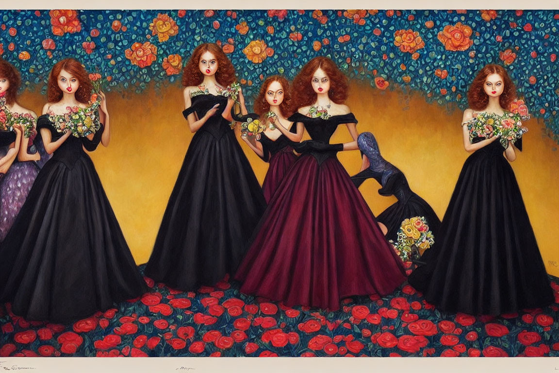 Five women in black dresses with bouquets on floral backdrop in red and blue palette