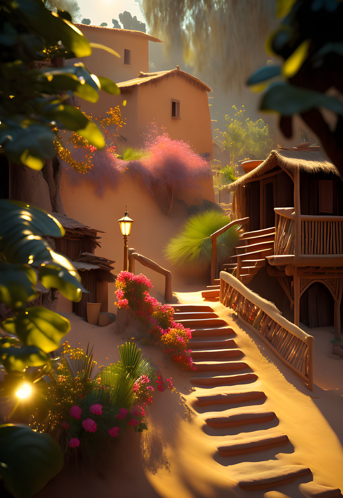 Tranquil village path with colorful flowers and sunset glow