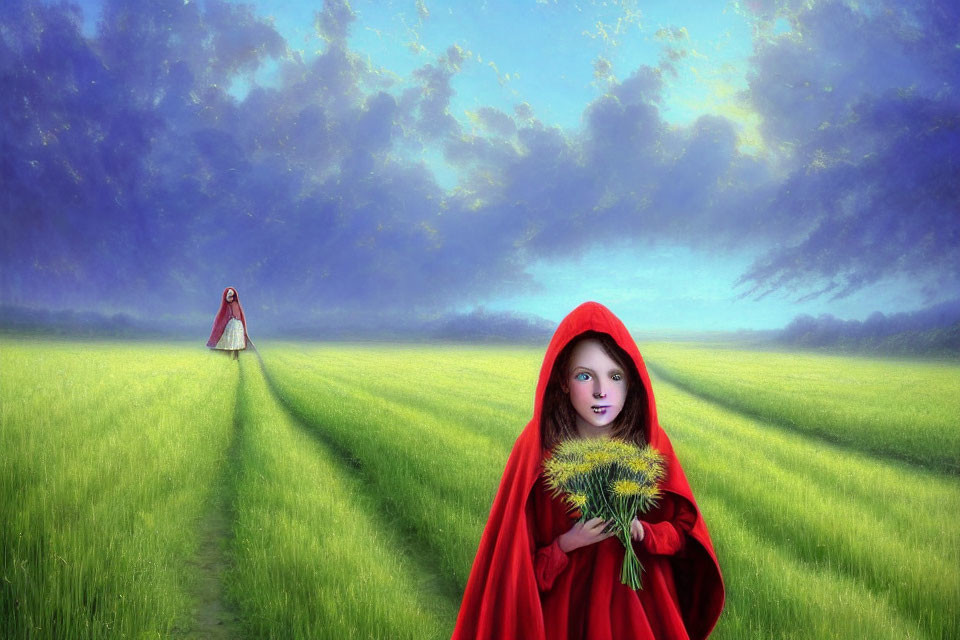 Girl in red cloak holding dandelion in lush green field under blue sky