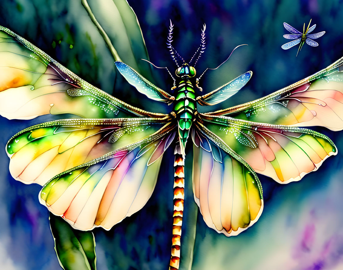 Detailed Dragonfly Artwork with Iridescent Body and Colorful Background