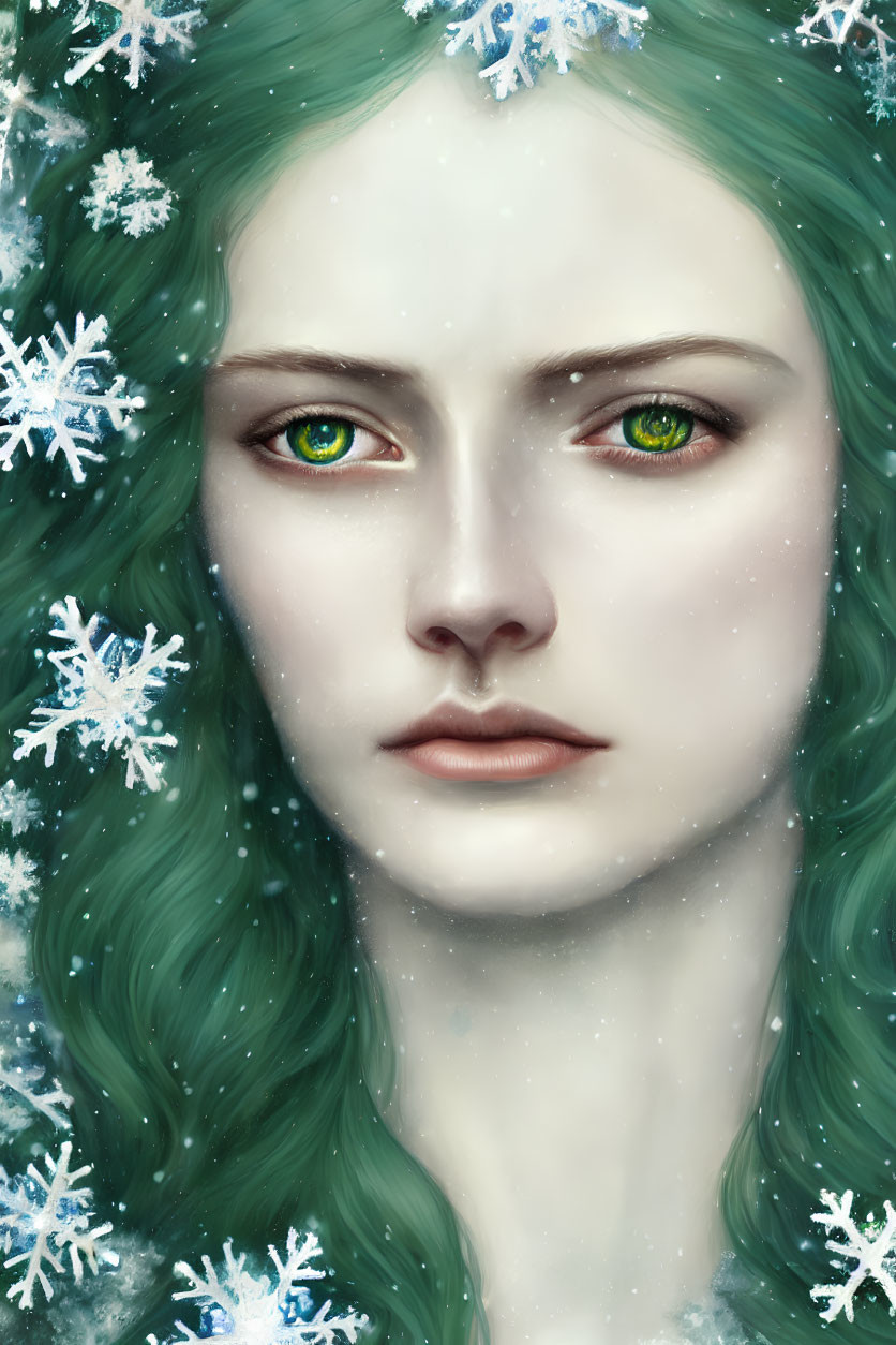 Portrait of woman with green eyes and wavy green hair in snowfall.