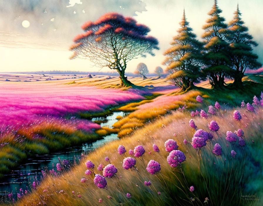 Colorful landscape painting with pink and orange grass field, stream, trees, and lone leafless tree