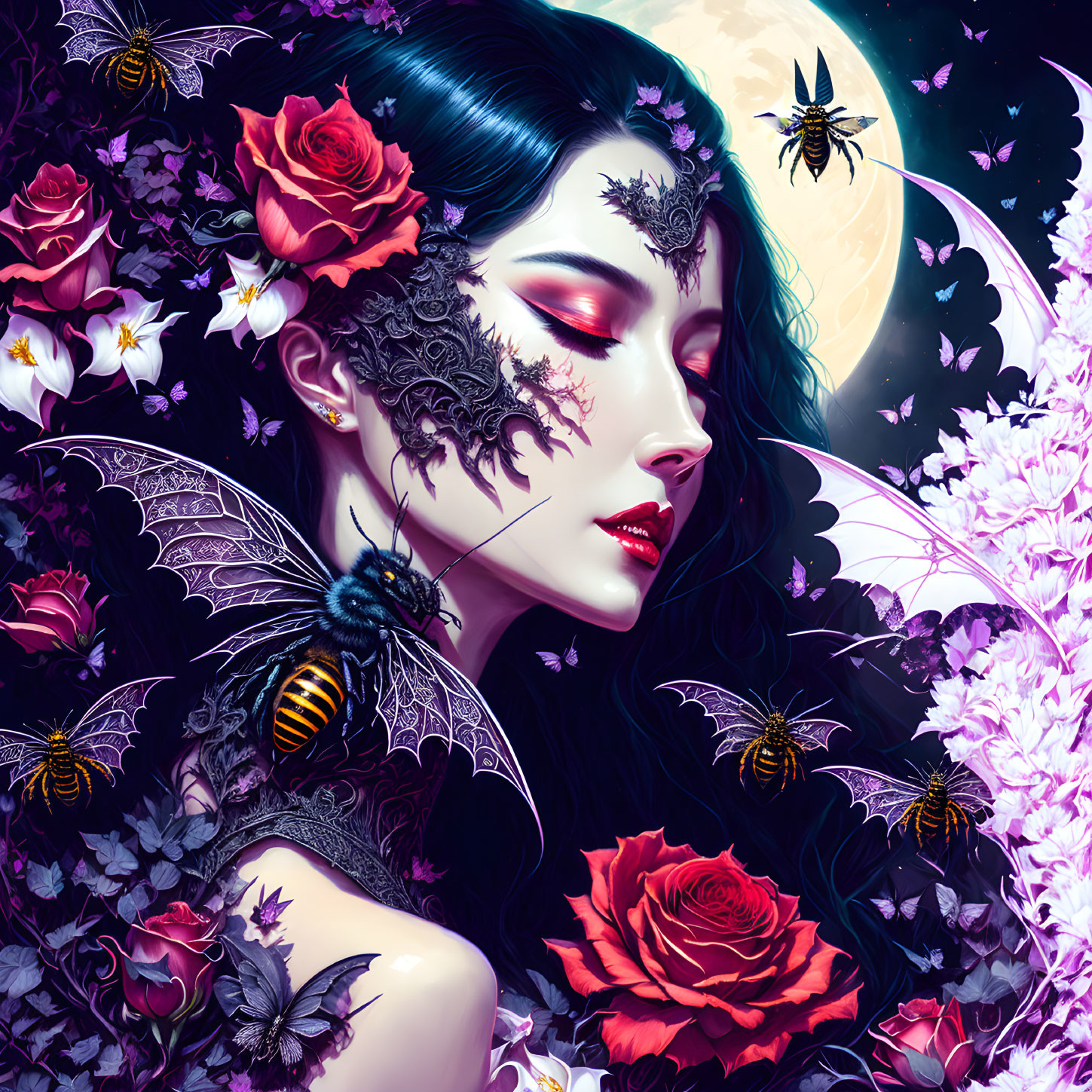 Woman with Dark Hair, Red Lips, Bees, Roses, Moon on Purple Background