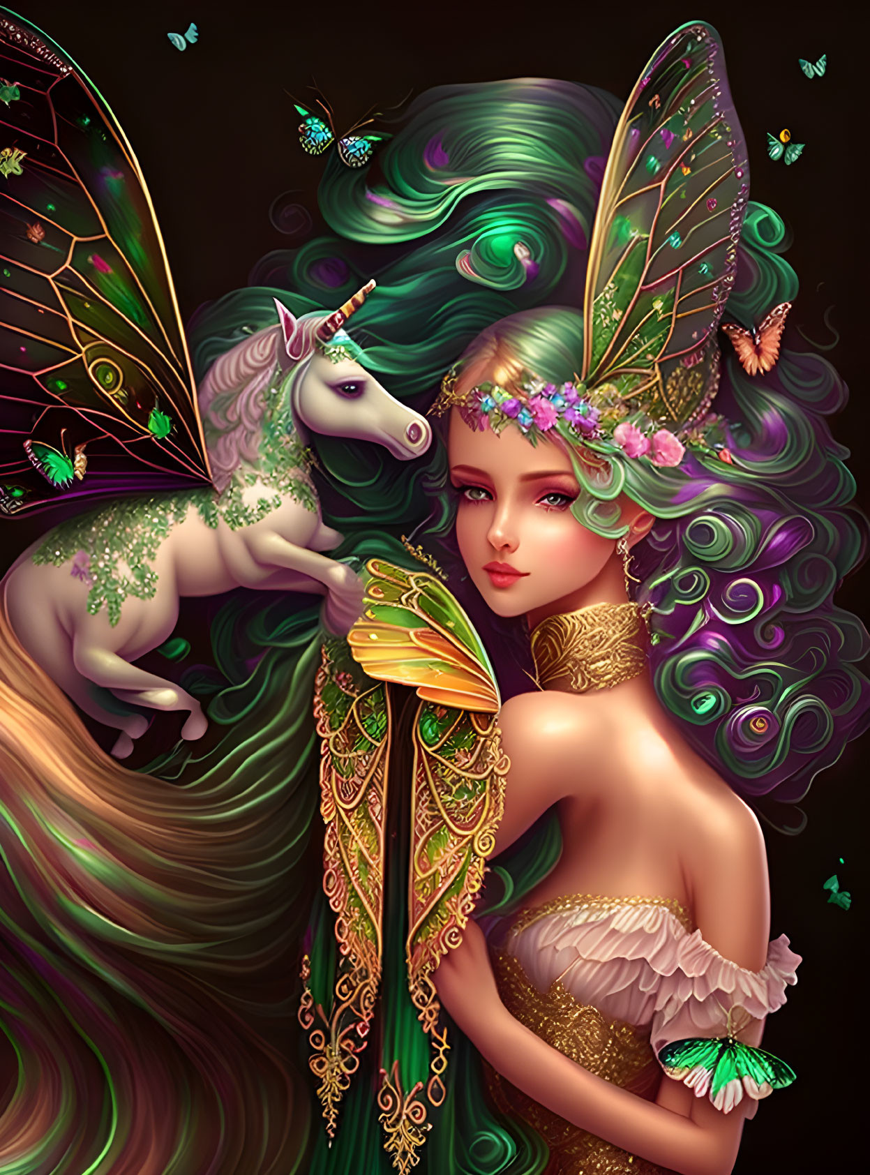 Ethereal fairy with green hair holding unicorn and butterfly