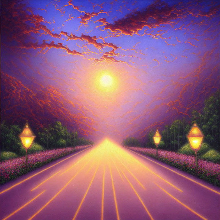 Surreal sunset road illustration with glowing lamps and purple skies