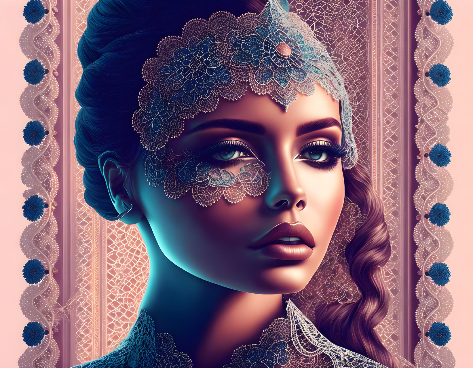 Digital artwork featuring woman with stylized makeup and lace embellishments