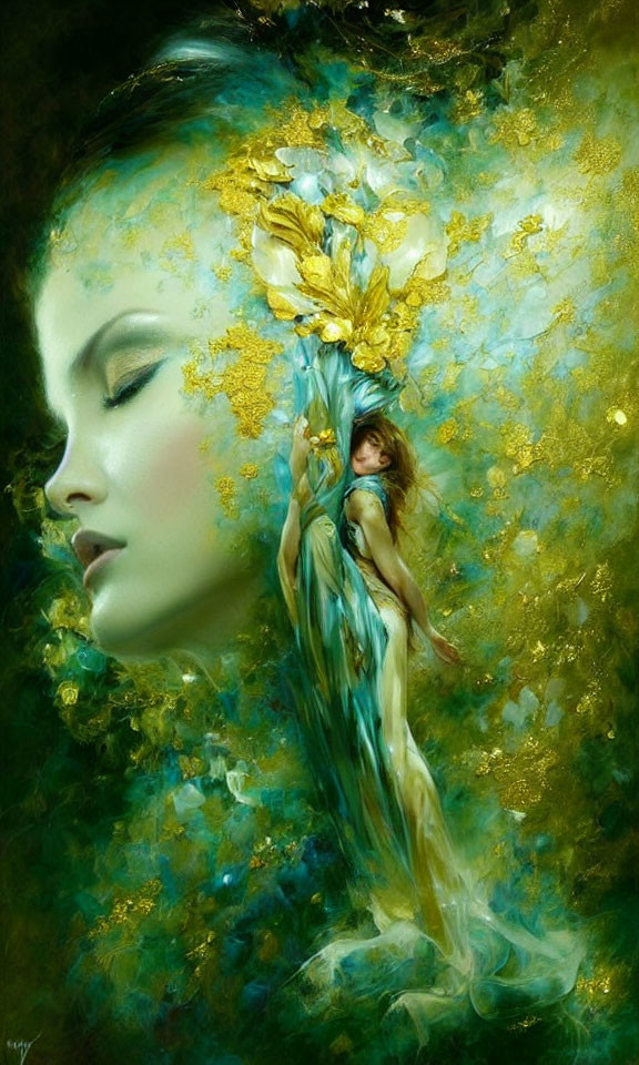 Fantasy-themed artwork: Woman profile with green and gold hues, hair transforms into flowery vine with