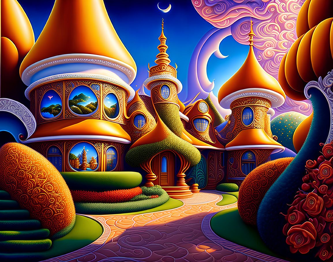 Colorful whimsical landscape with onion-domed buildings and lush foliage under a swirling sky