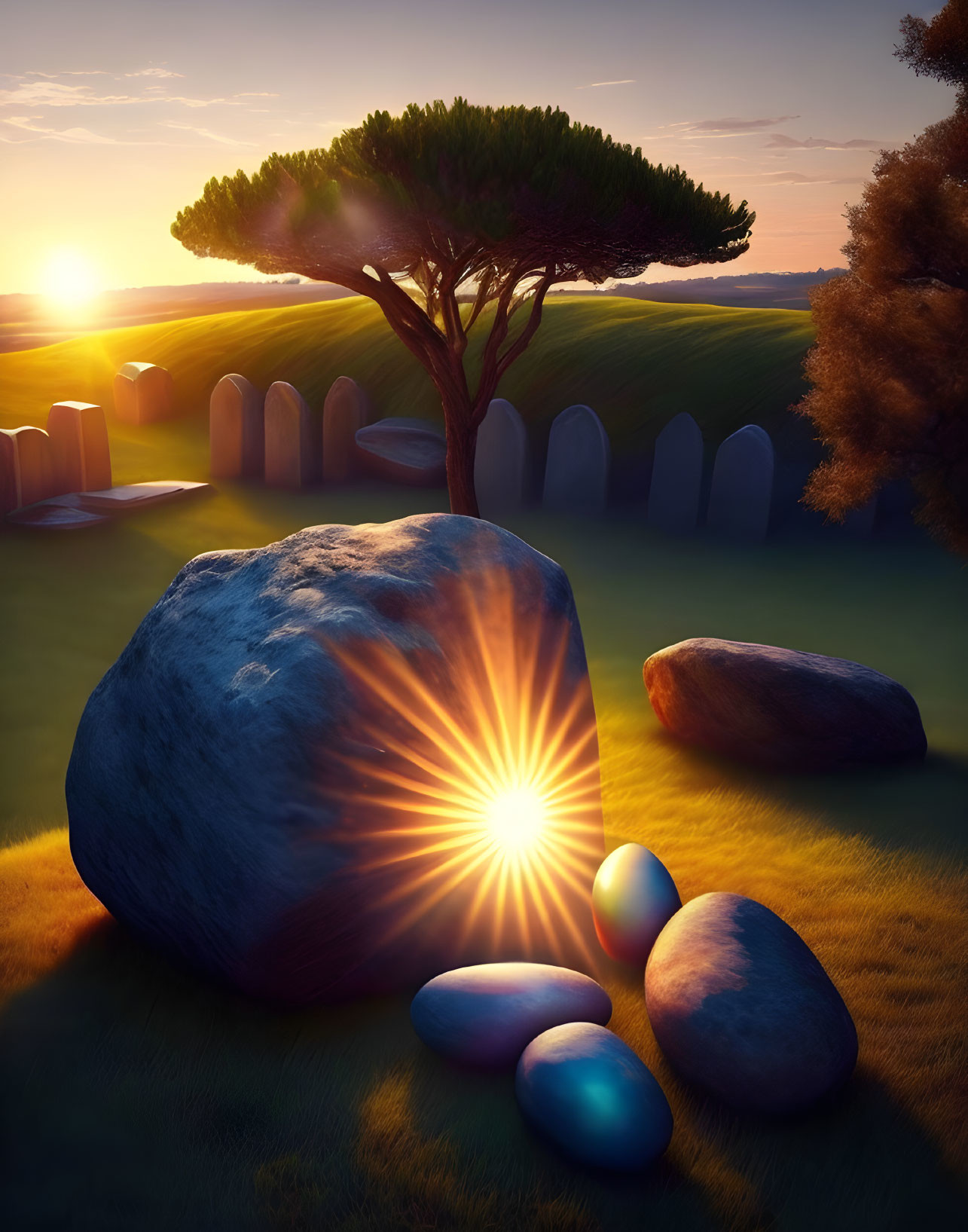 Serene field with stones, tree on hill, warm sunset rays