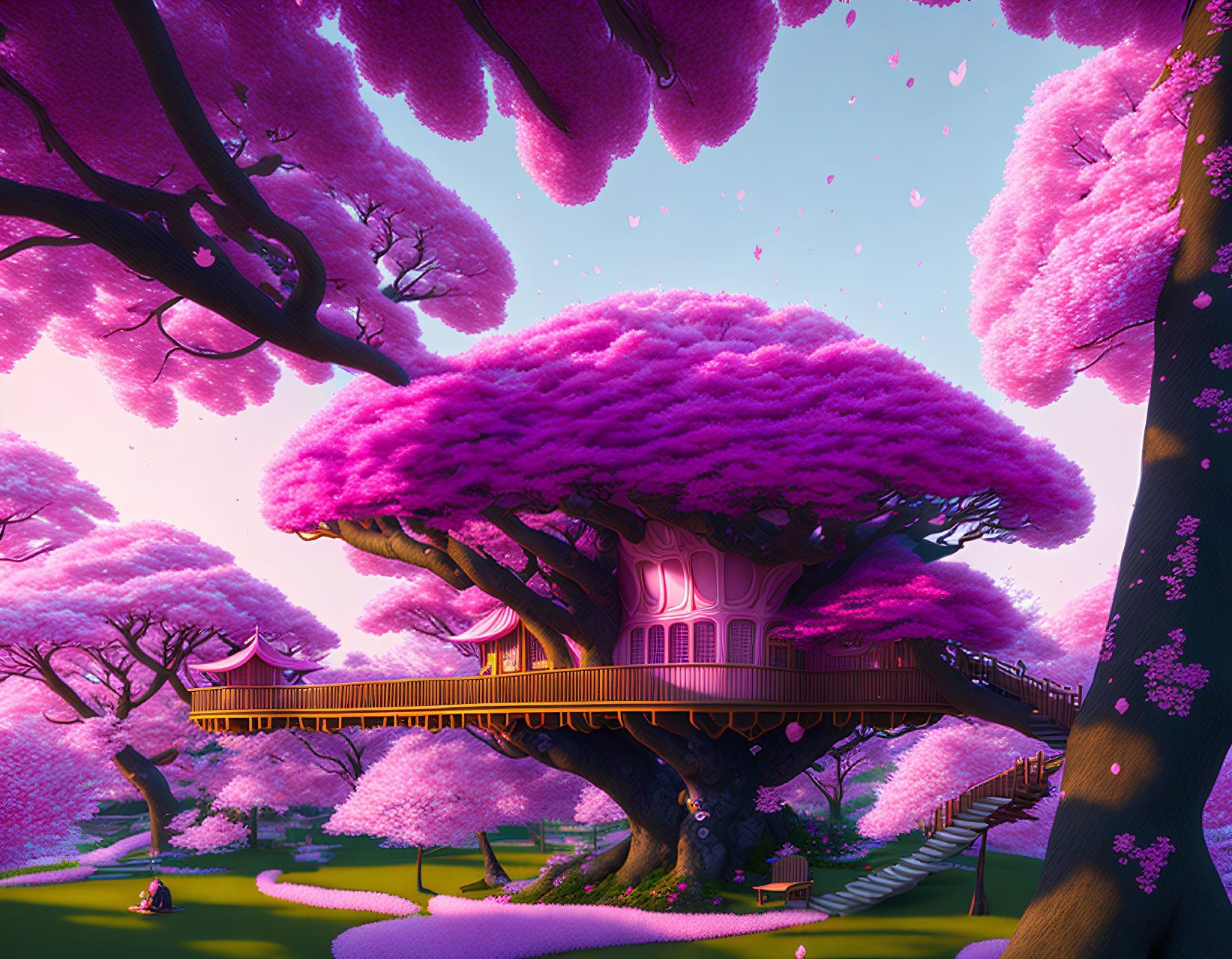 Whimsical treehouse surrounded by pink cherry blossoms at sunset