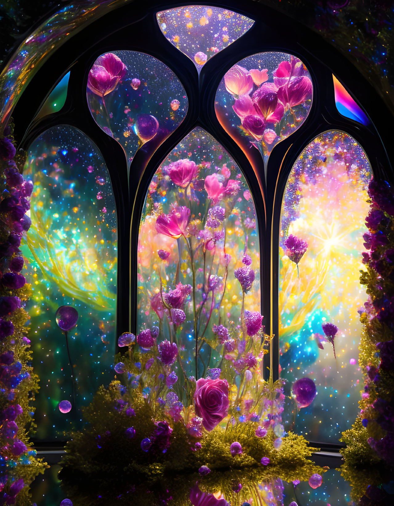 Colorful cosmic display with flowers and galaxies through a Gothic window frame