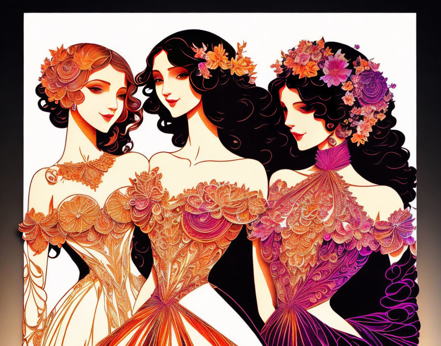 Illustrated Women with Floral Headpieces in Orange and Purple Dresses