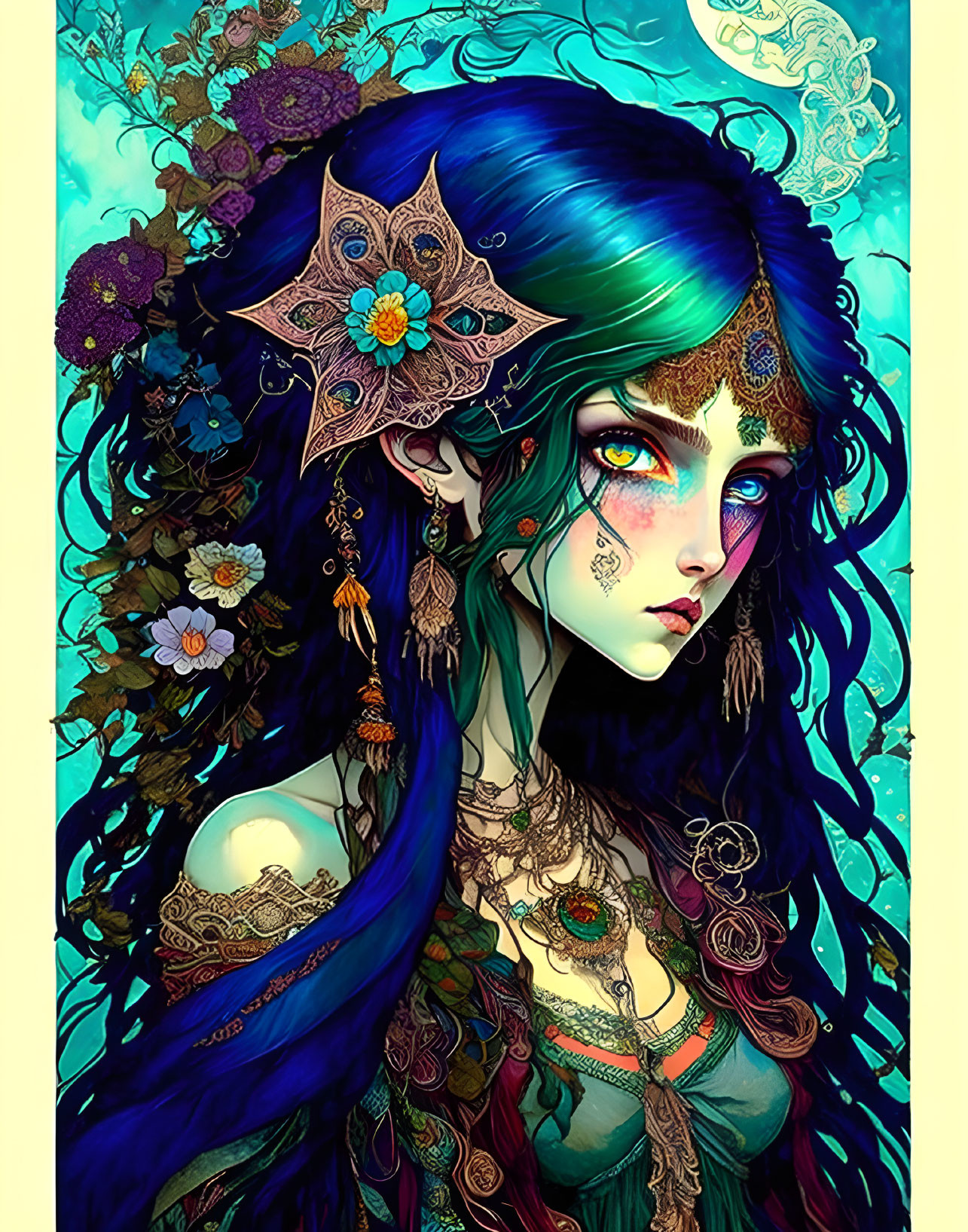 Mystical woman with blue and green hair and ornate jewelry in detailed illustration