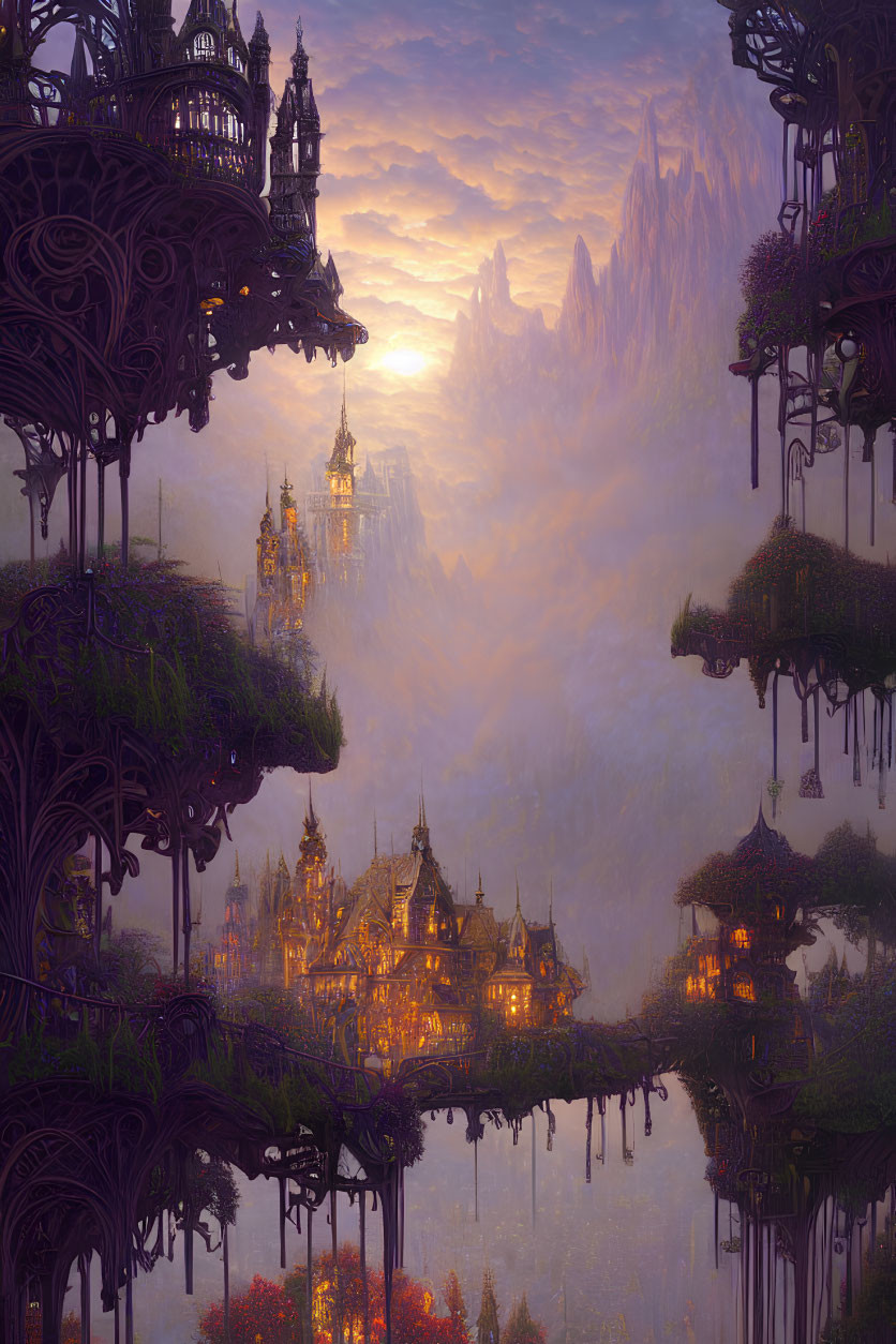 Fantastical city with ornate architecture on floating islands at sunset