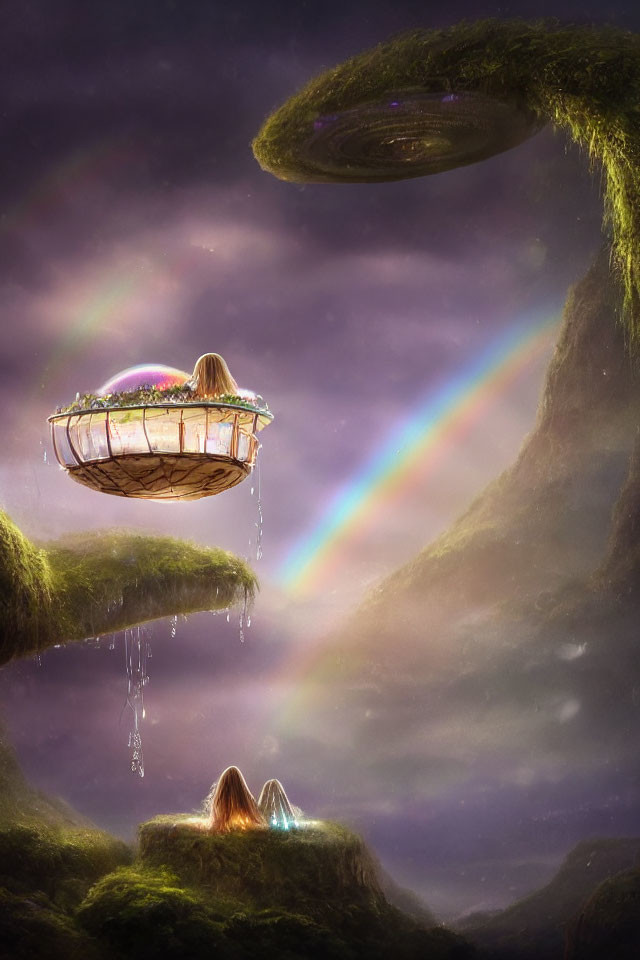 Person sitting under colorful sky watching flying vessel above rainbow in mystical landscape