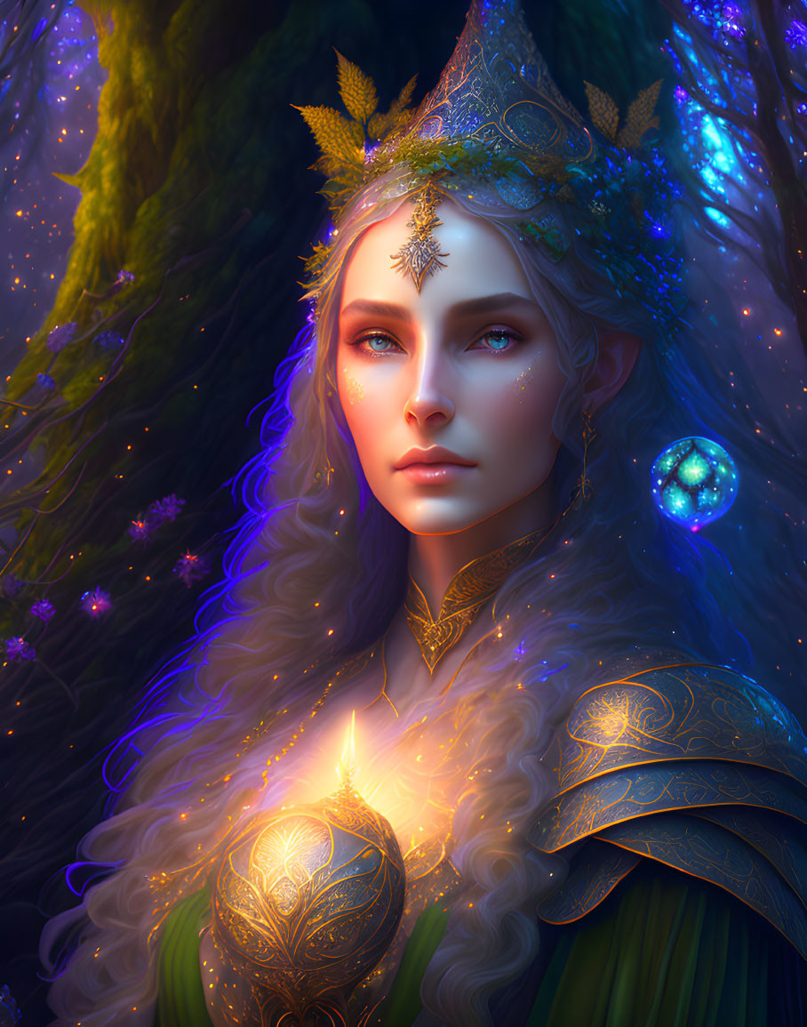 Ethereal female in golden armor and crown with mystical lights