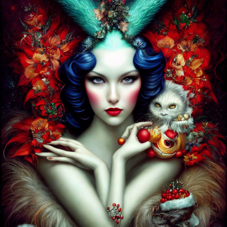 Colorful artwork of woman with blue hair, green headdress, white cat, red flowers, fruits