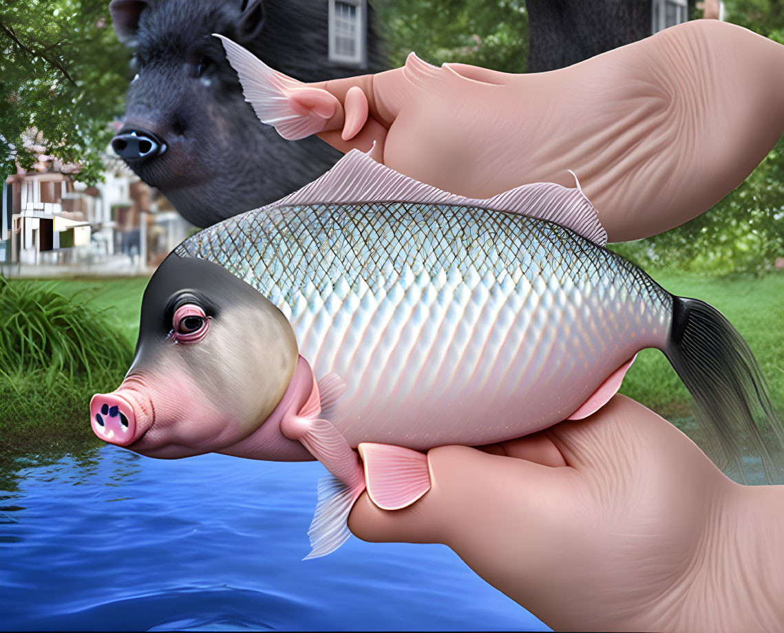 Surreal image of human hand holding fish with pig's head near water and houses