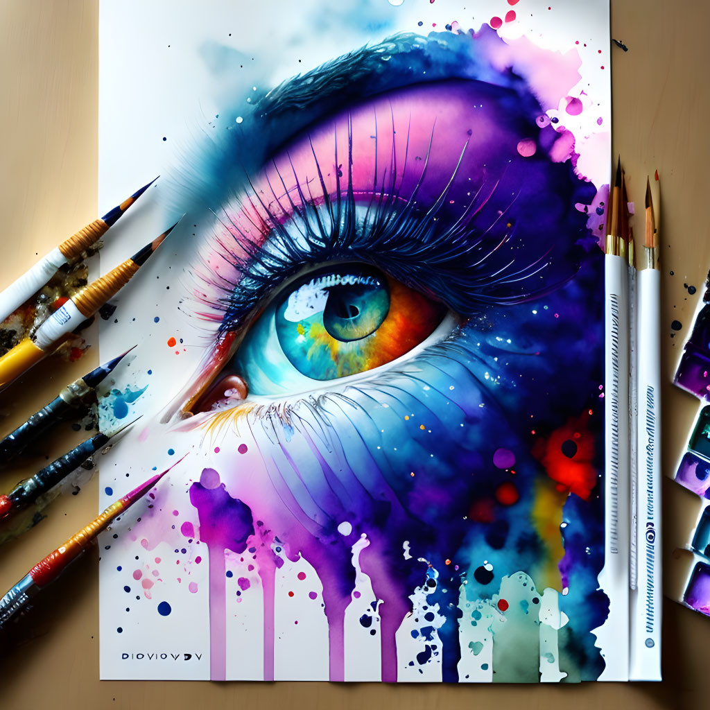 Colorful Eye Watercolor Painting with Ink Splashes and Art Supplies