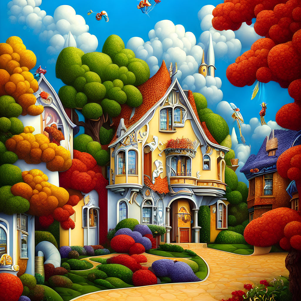 Colorful Fantasy Landscape with Whimsical Houses and Flying Creatures