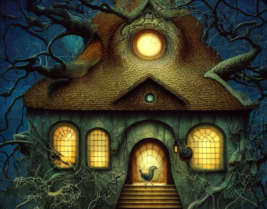 Whimsical cottage with tiled roof, glowing windows, twisted trees, cat on steps under moonlit