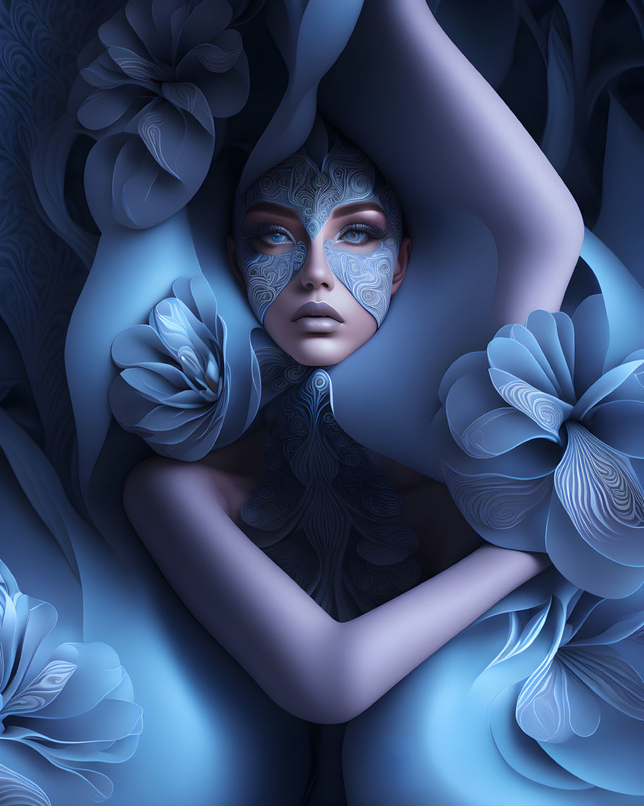 Surreal portrait of a woman with blue-toned skin and intricate patterns surrounded by stylized flowers