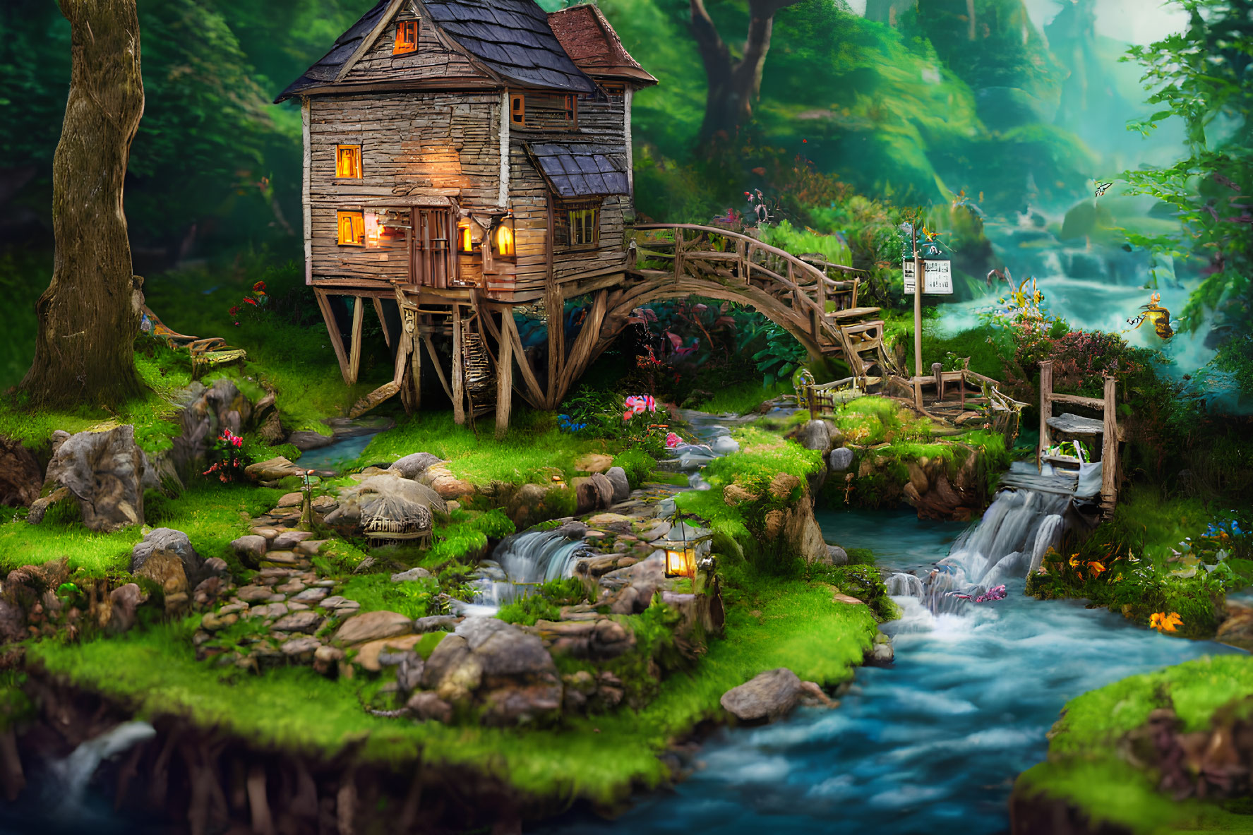 Illustration of a whimsical watermill house by a stream with wooden bridge and vibrant flora