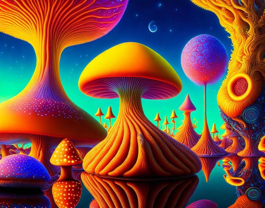 Colorful Psychedelic Mushroom Landscape Under Crescent Moon