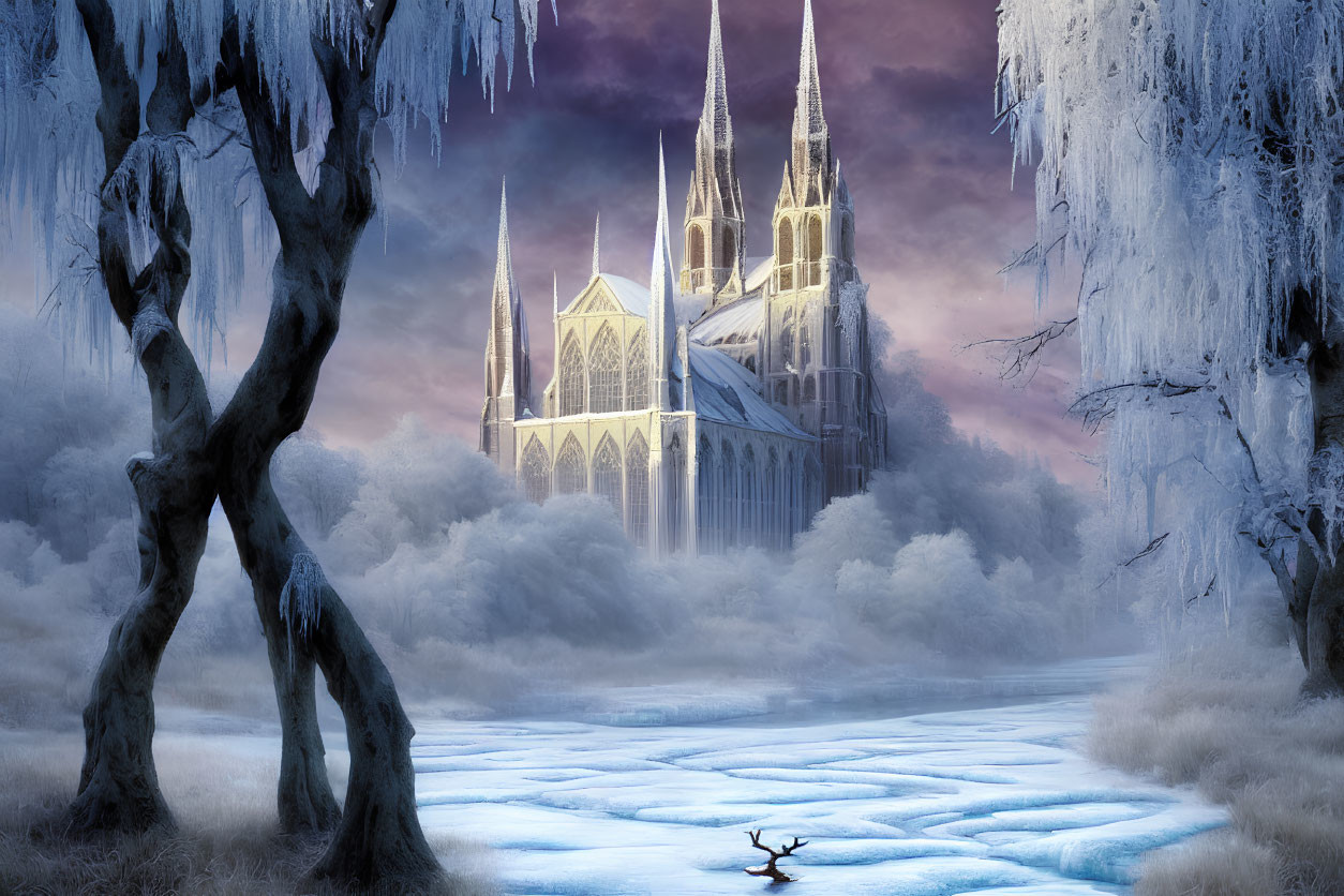 Majestic cathedral in frosty landscape with spires and frozen river