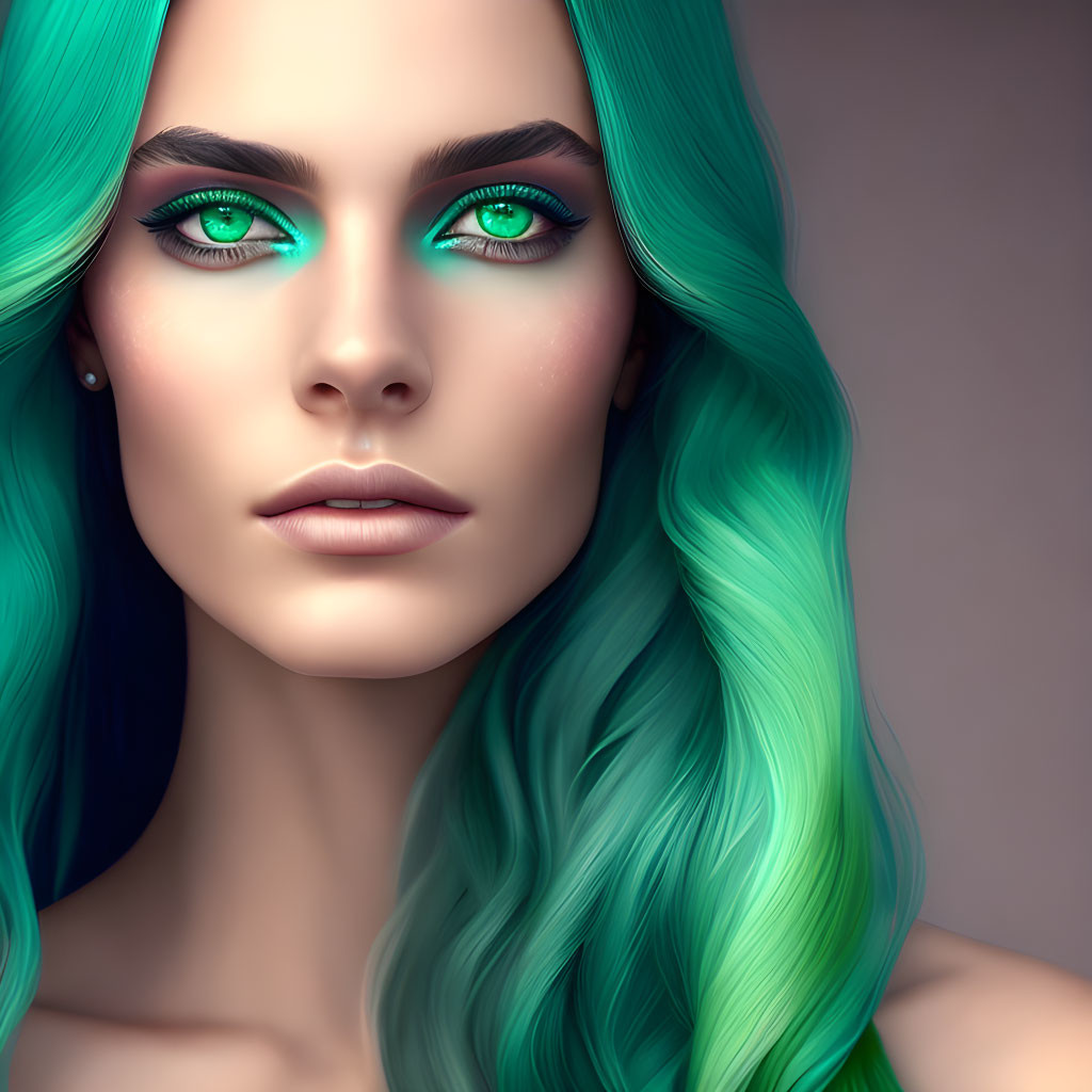 Vibrant green hair and matching eye makeup on serene woman portrait