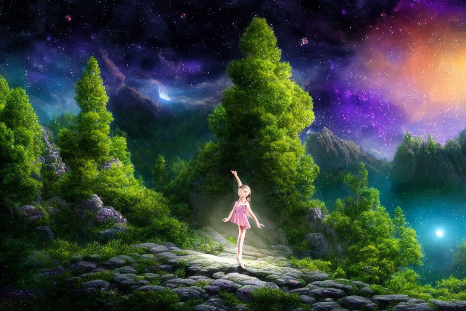 Young girl dancing on stone path under starry sky among green trees