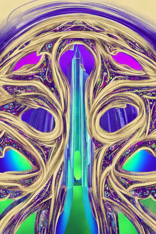 Vibrant swirling patterns around central tower in blue, purple, and yellow