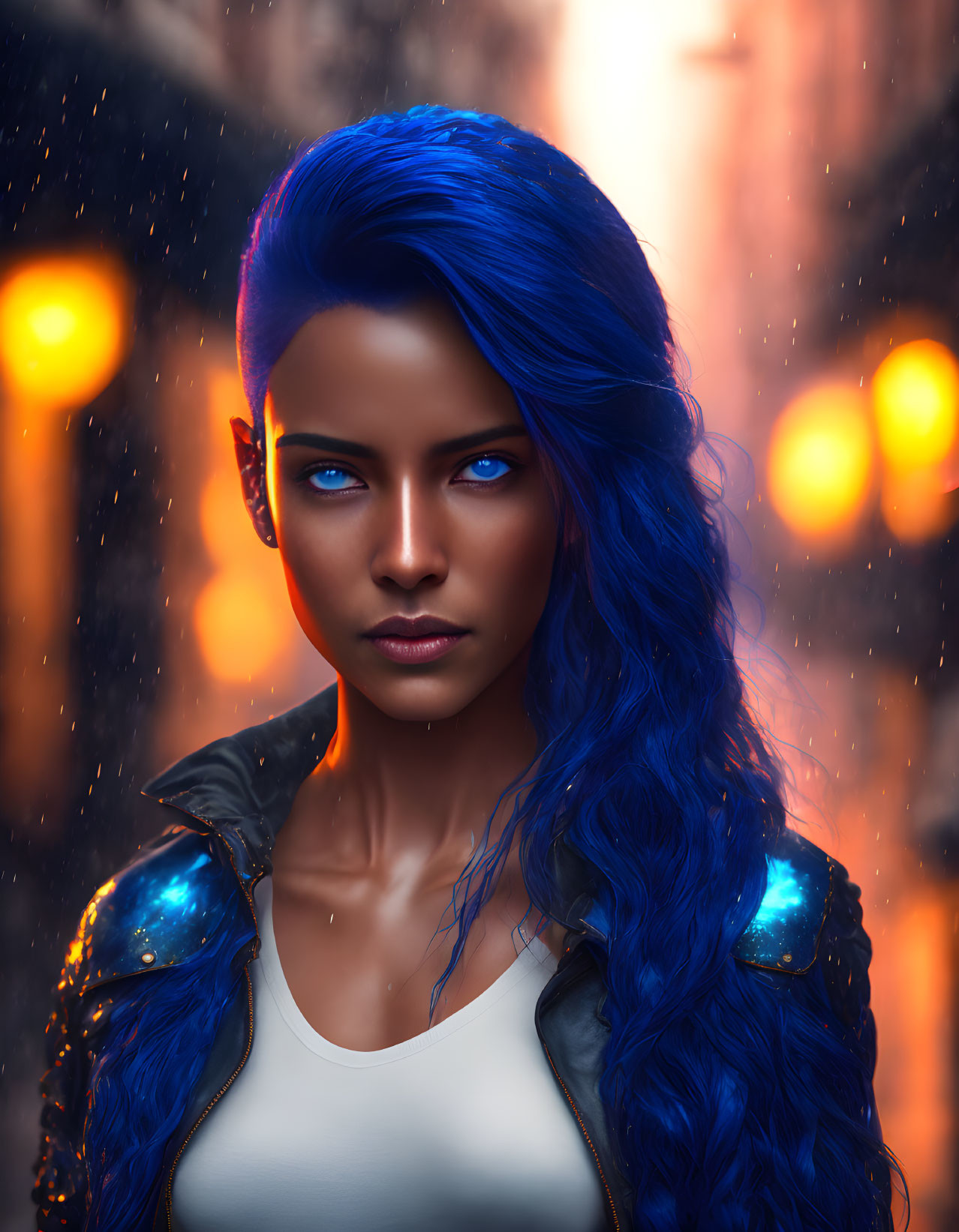 Digital Artwork: Woman with Blue Hair and Eyes on Bokeh Background