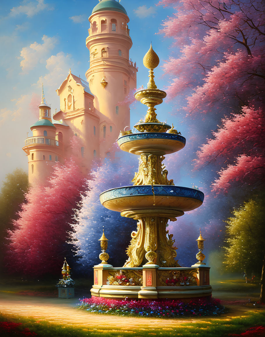 Golden fountain in fairytale setting with castle and blooming trees.