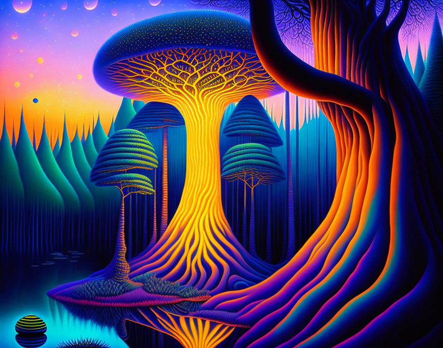 Colorful Psychedelic Landscape with Glowing Trees and Starry Sky