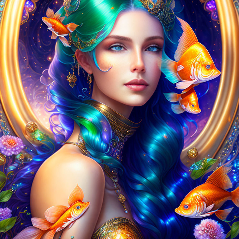 Digital Artwork: Woman with Blue Hair, Green Headpiece, Orange Fish, Cosmic Background