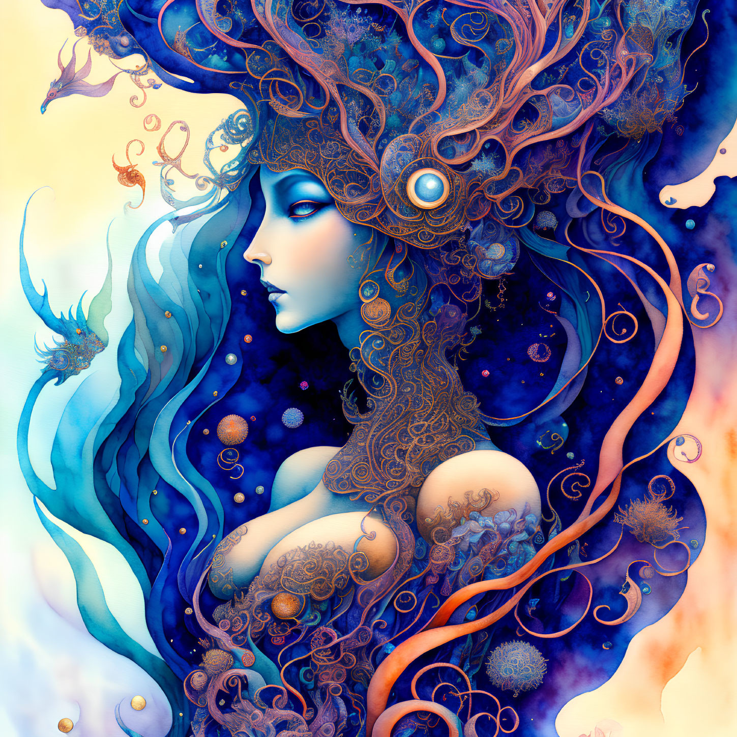 Fantastical female figure with blue and orange hair in celestial setting