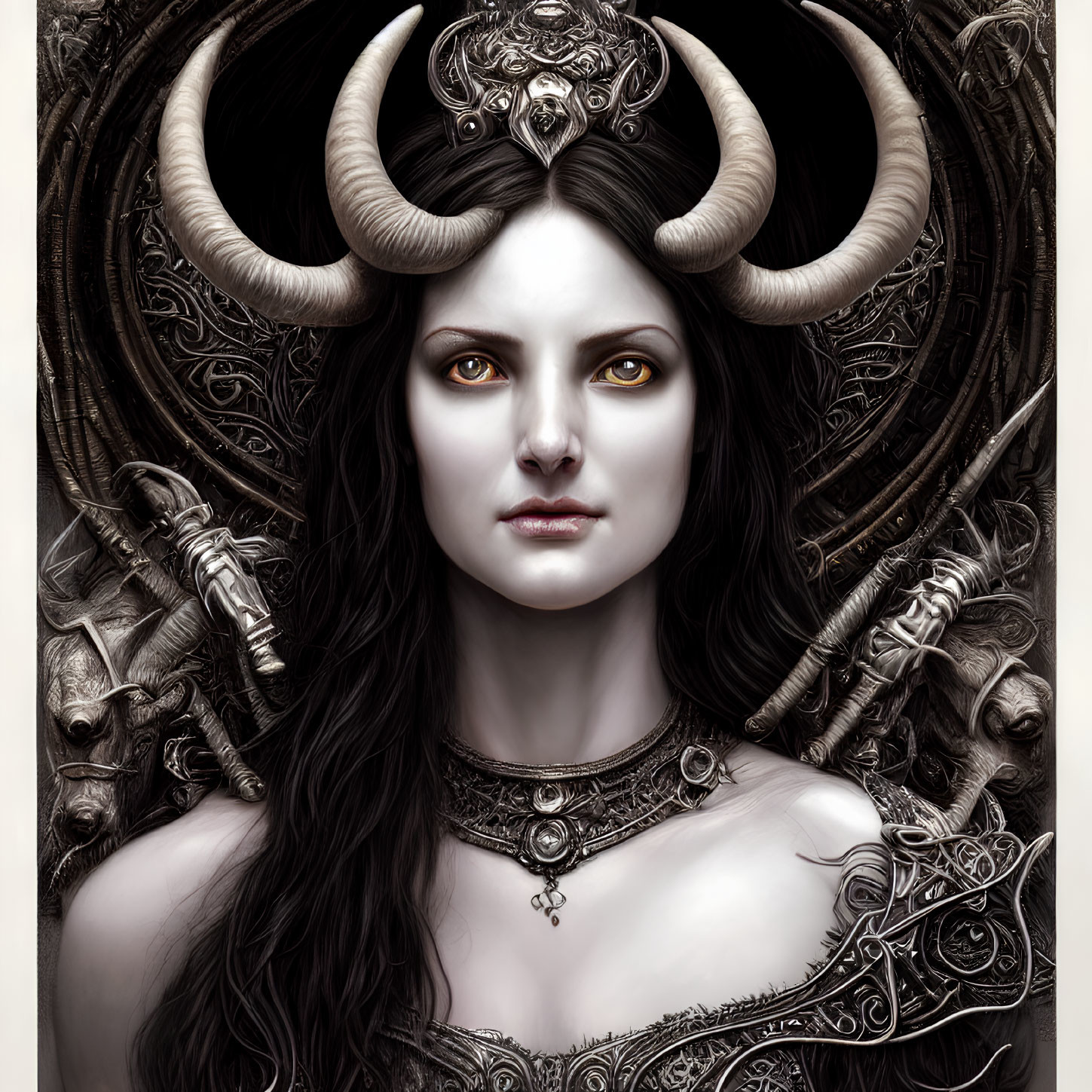 Detailed digital portrait of pale-skinned woman with dark hair, horns, metal armor, and jewelry against