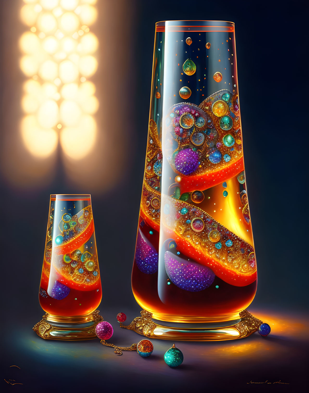 Colorful Digital Art Lava Lamps on Dark Background with Ornaments and Bokeh