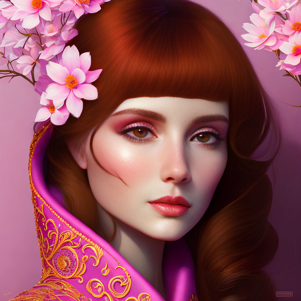 Digital artwork: Woman with red hair and pink flower adornments in pink and gold garment on pink background