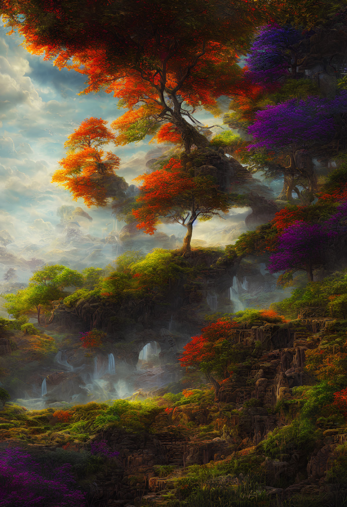 Colorful landscape with waterfalls, fiery foliage, and sunlit cliff