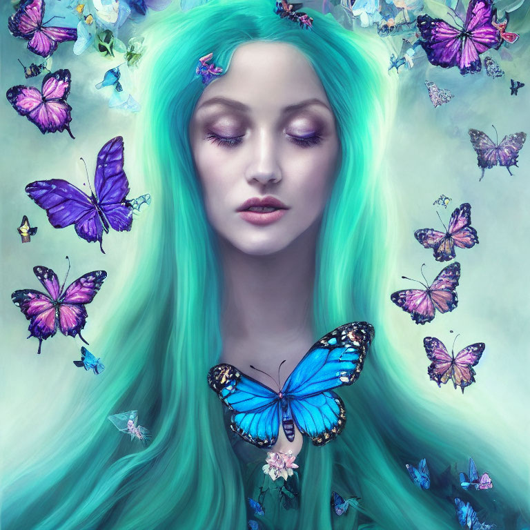 Woman with Turquoise Hair and Butterflies on Dreamy Background