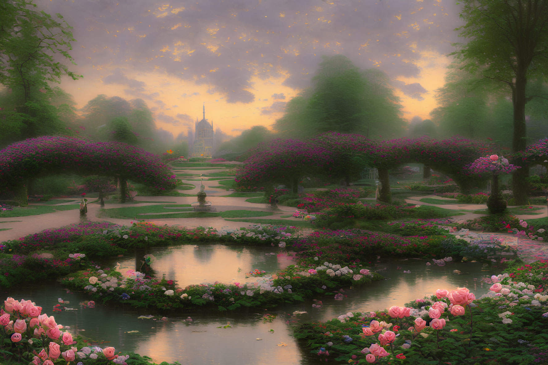 Serene sunset garden with flowering arches, pond, pink blossoms, golden sky