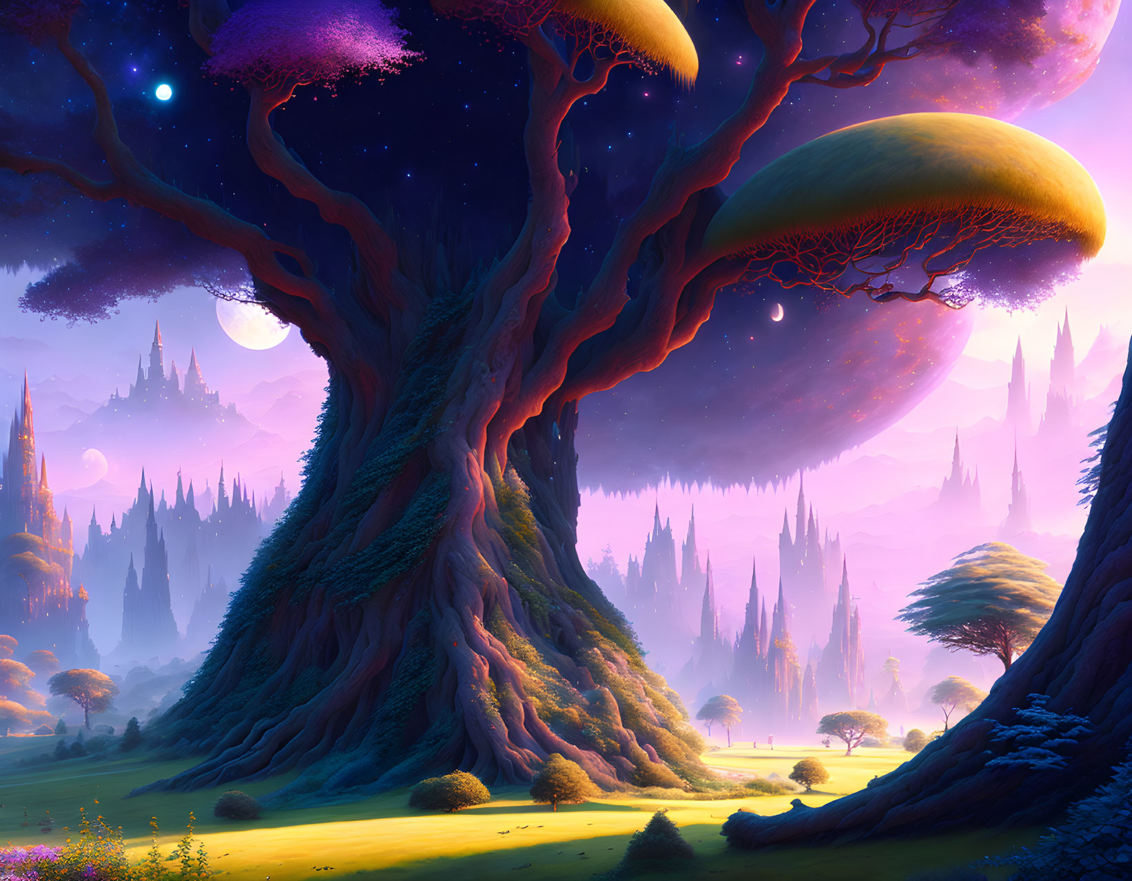 Fantasy Landscape: Colossal Trees, Star-Filled Purple Sky